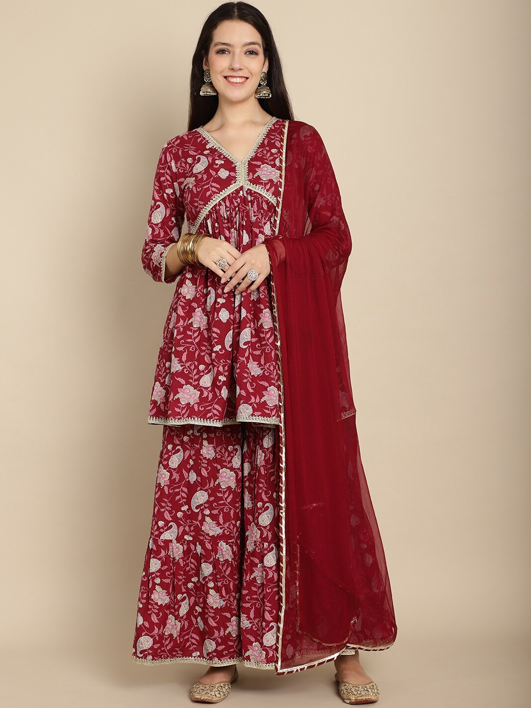 

KALINI Floral Printed Pure Cotton Angrakha Kurta With Sharara & Dupatta, Burgundy