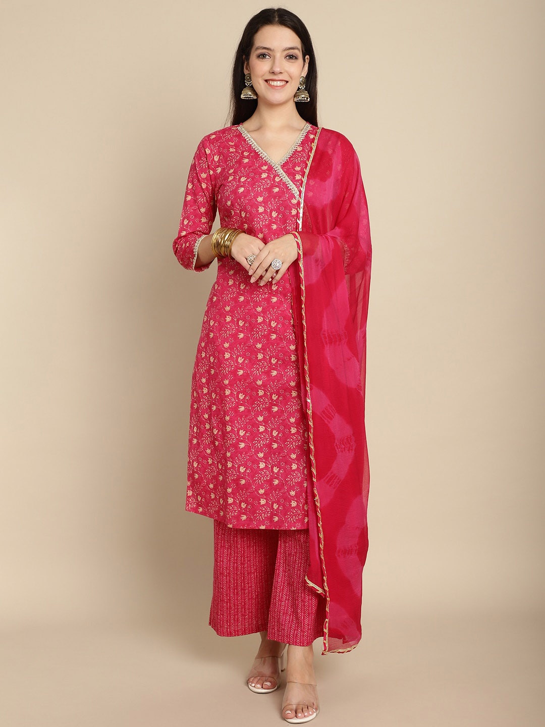 

KALINI Floral Printed Angrakha Gotta Patti Pure Cotton Kurta With Palazzos & With Dupatta, Magenta