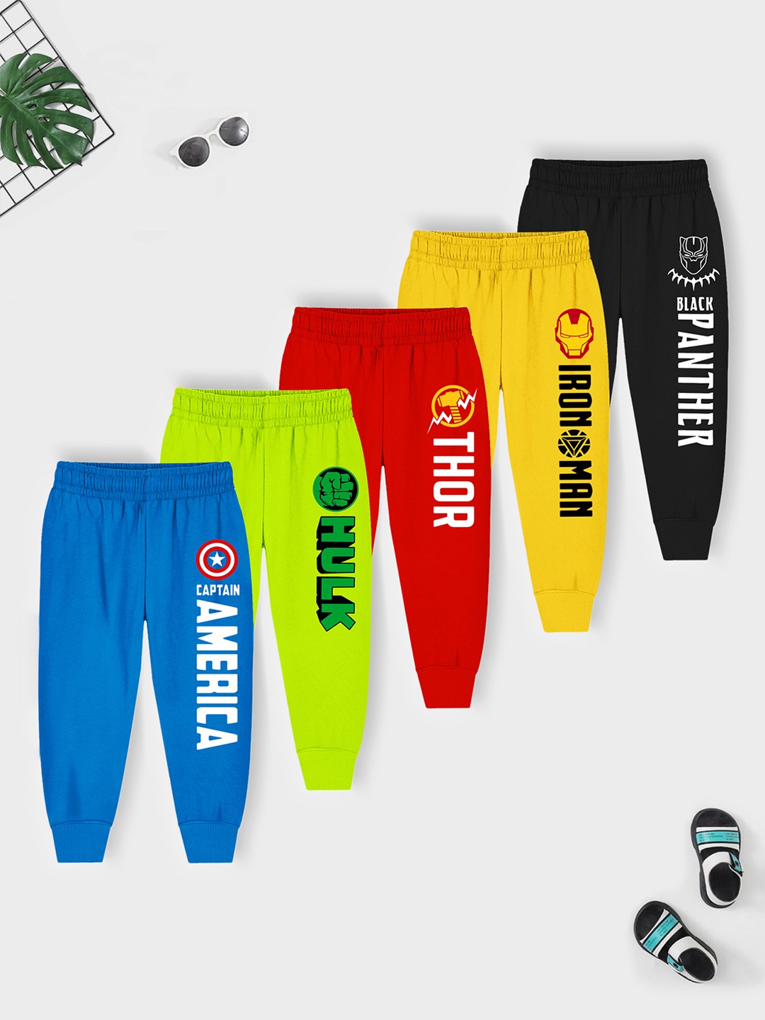 

YK Marvel Boys Pack of 5 Typography Printed Pure Cotton Joggers, Red