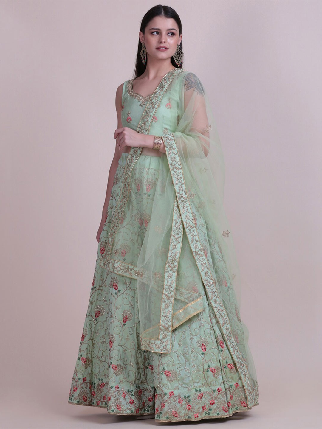 

KALINI Embroidered Thread Work Semi-Stitched Lehenga & Unstitched Blouse With Dupatta, Green