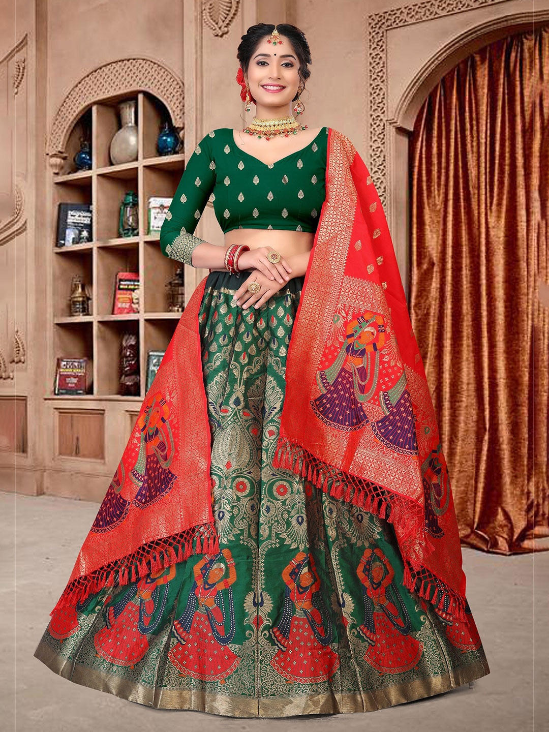 

KALINI Ethnic Motif Woven Design Semi-Stitched Lehenga & Unstitched Blouse With Dupatta, Green