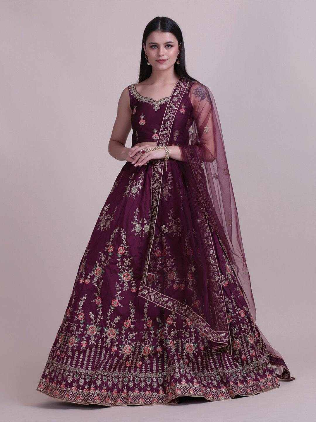 

KALINI Embroidered Semi-Stitched Lehenga & Unstitched Blouse With Dupatta, Purple