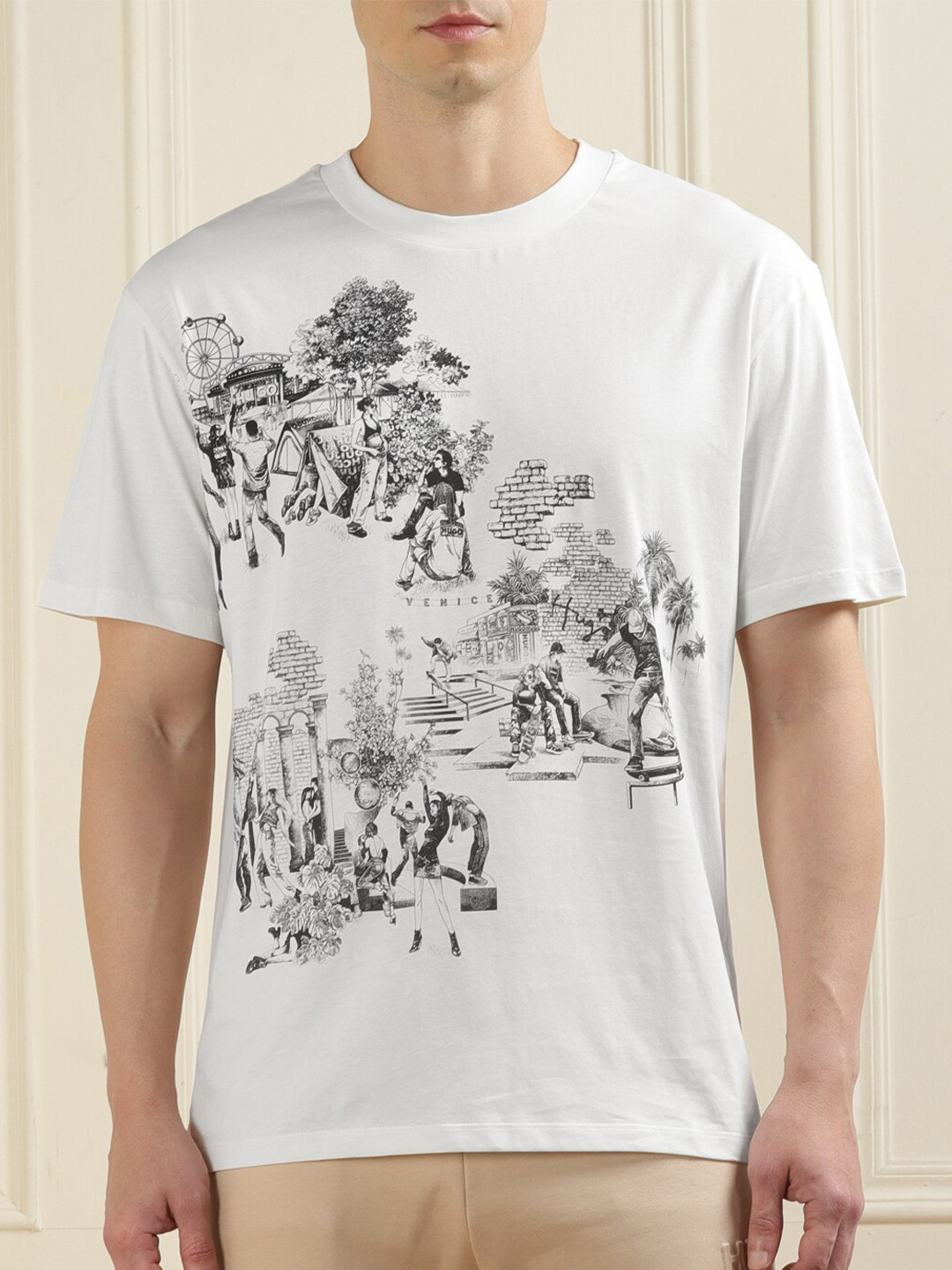 

HUGO Slim Fit People and Places Printed Round Neck Cotton T-shirt, White