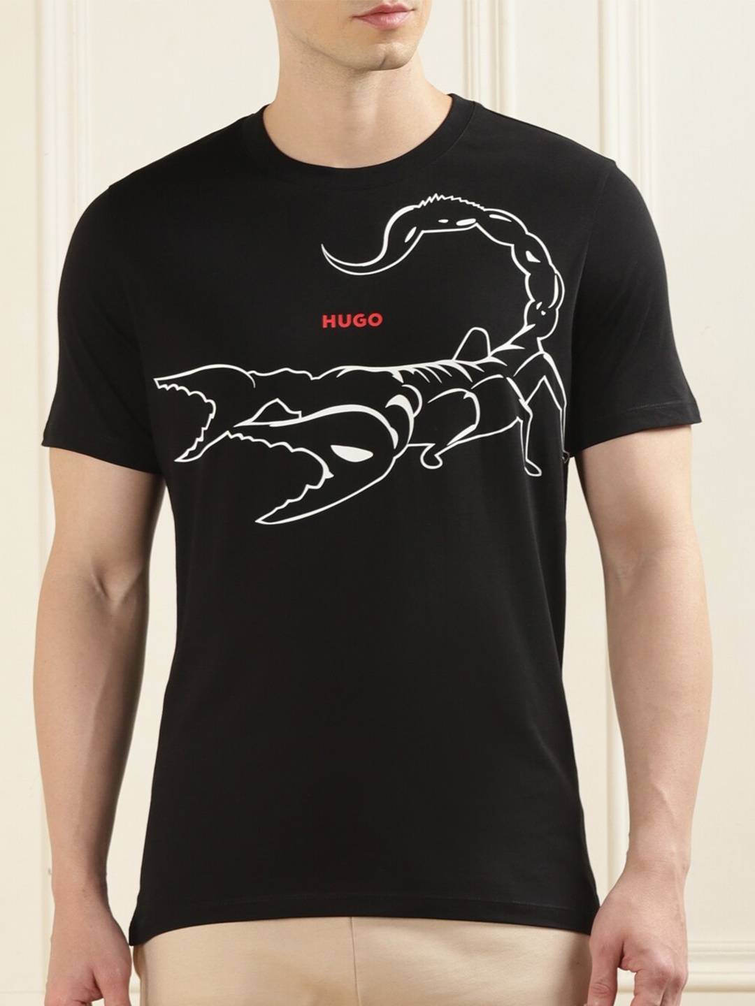 

HUGO Slim Fit Graphic Printed Round Neck Cotton T-shirt, Black