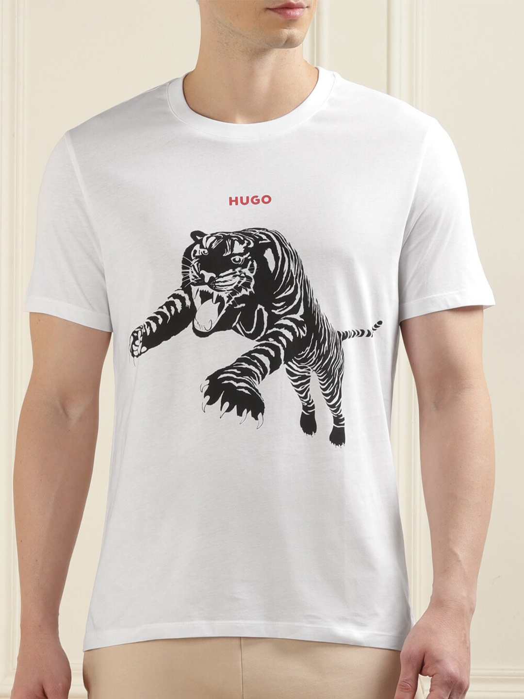 

HUGO Slim Fit Graphic Printed Round Neck Cotton T-shirt, White