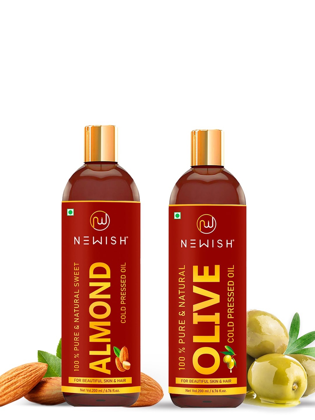 

NEWISH Set Of 2 Cold Pressed Olive Oil & Almond - 200ml Each, Transparent