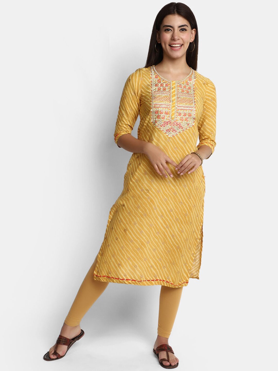 

V-Mart Floral Yoke Design Gotta Patti Straight Kurta, Yellow