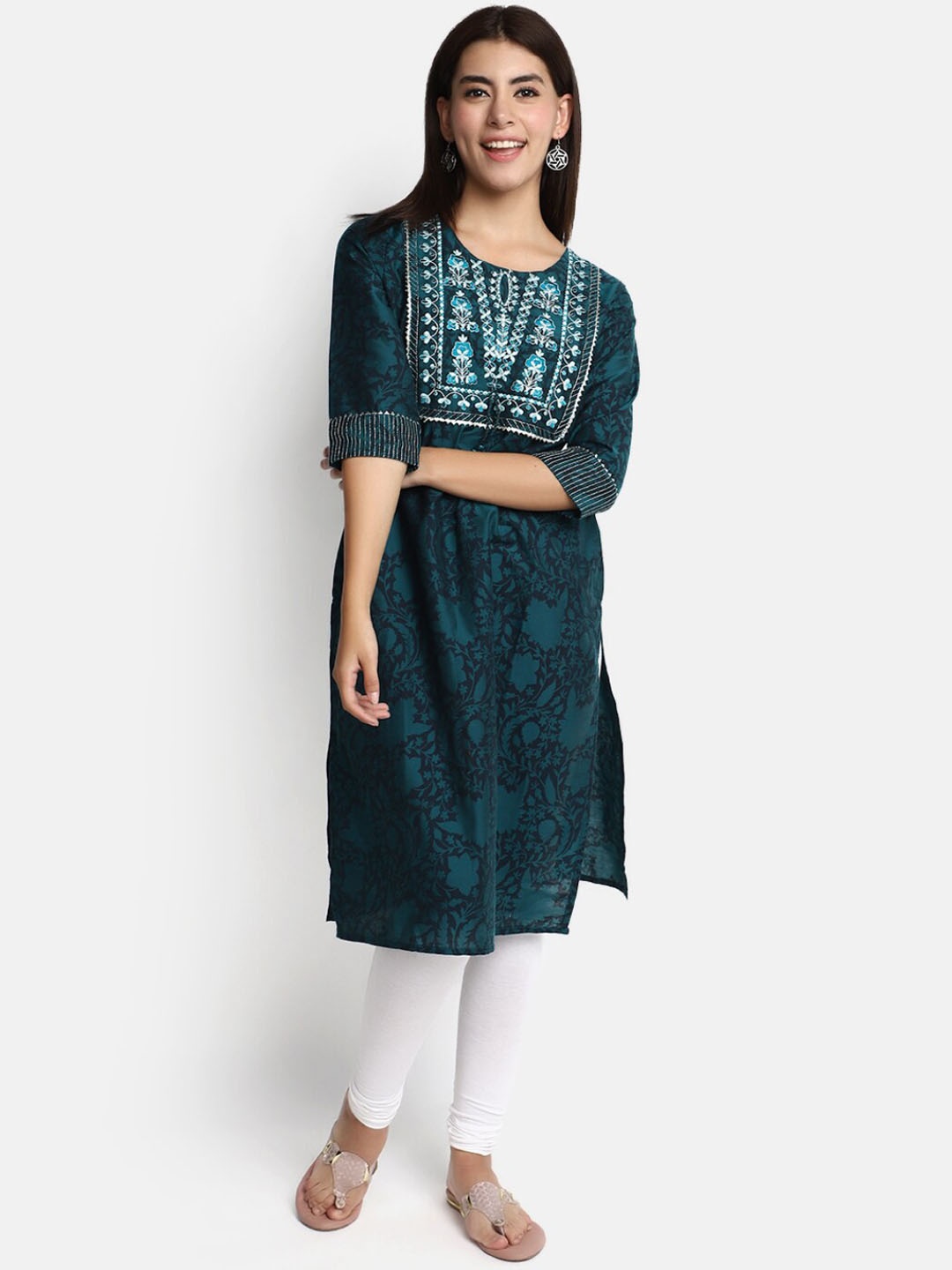 

V-Mart Floral Yoke Design Gotta Patti Pure Cotton Straight Kurta, Teal