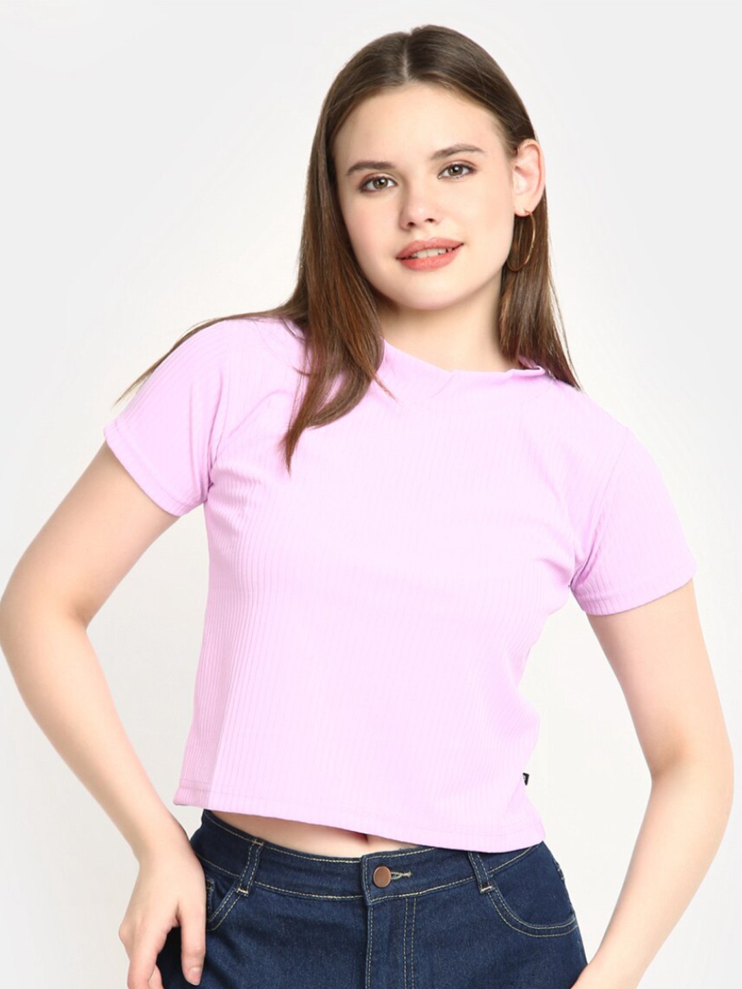 

V-Mart Ribbed High Neck Crop T-Shirt, Purple