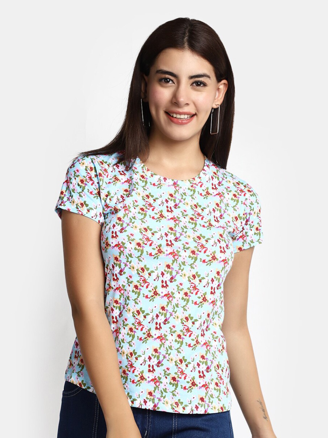 

V-Mart Floral Printed Cotton T-shirt, Blue
