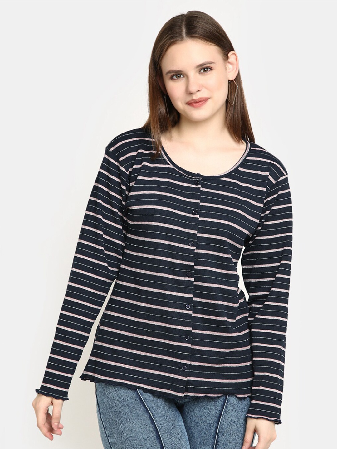 

V-Mart Horizontal Striped Cotton Top, Navy blue