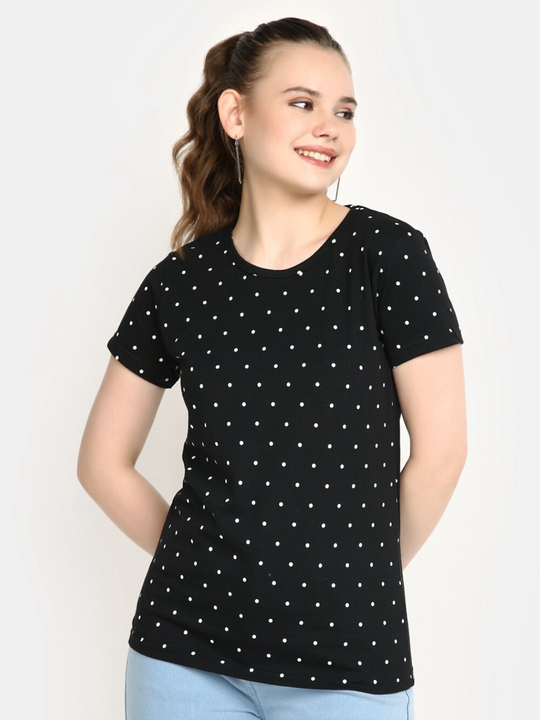

V-Mart Polka Dots Printed Cotton Casual T-Shirt, Black