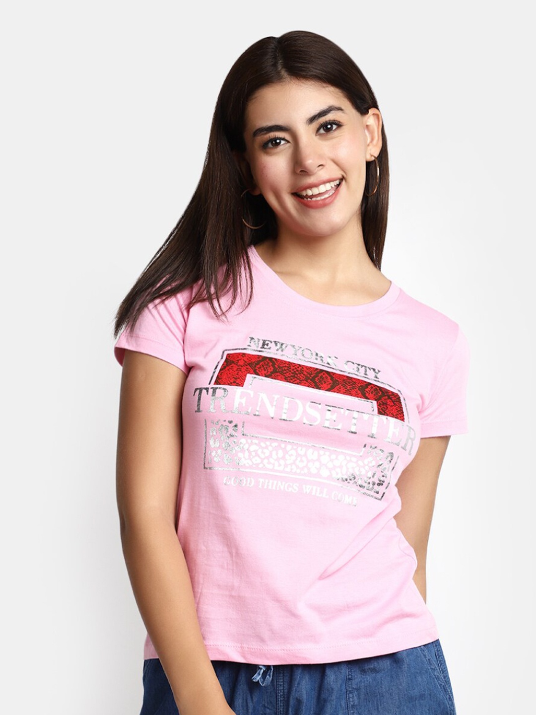 

V-Mart Typography Printed Cotton Casual T-Shirt, Pink