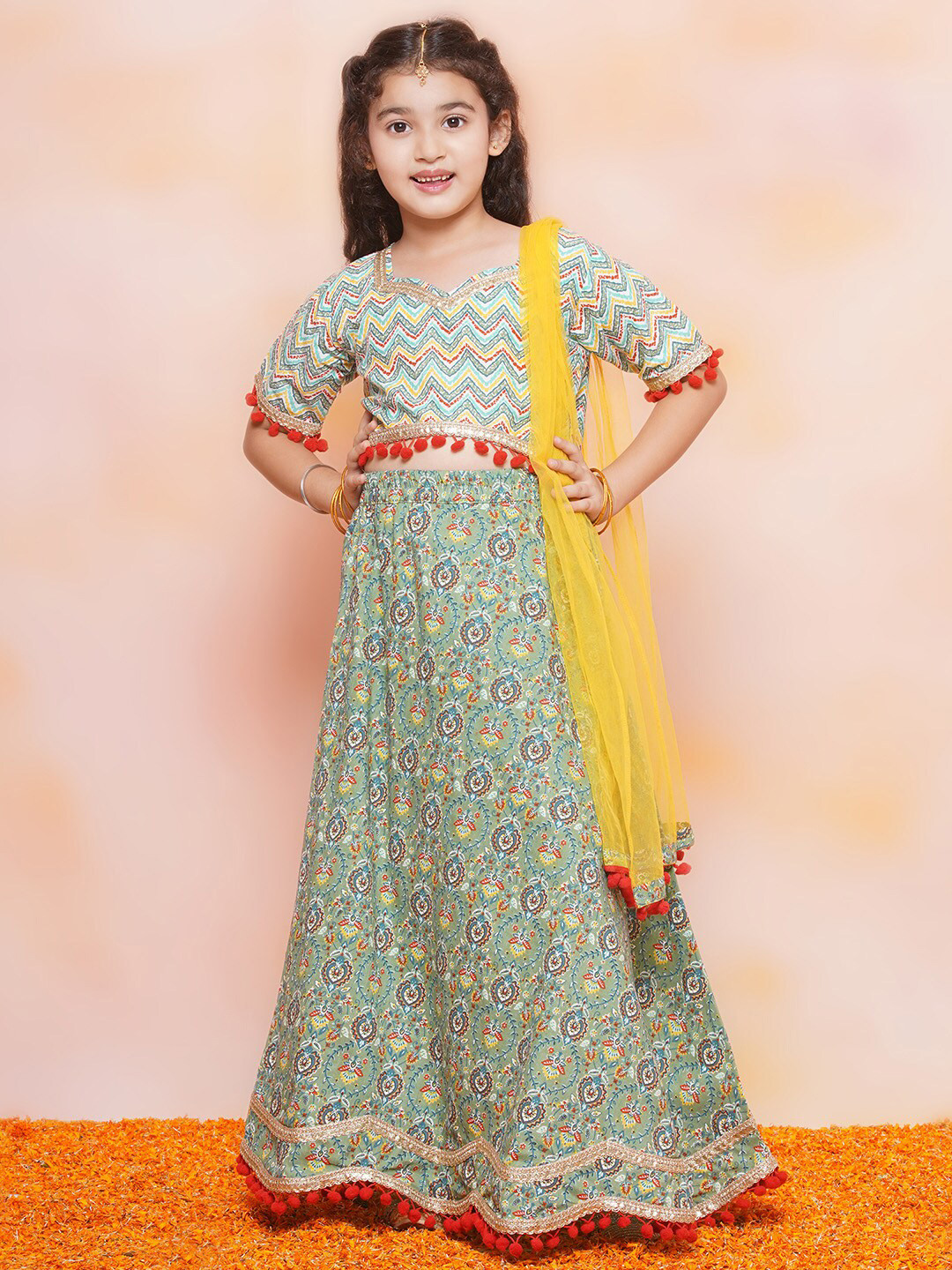 

Aj DEZInES Girls Printed Ready to Wear Lehenga Choli With Dupatta, Green