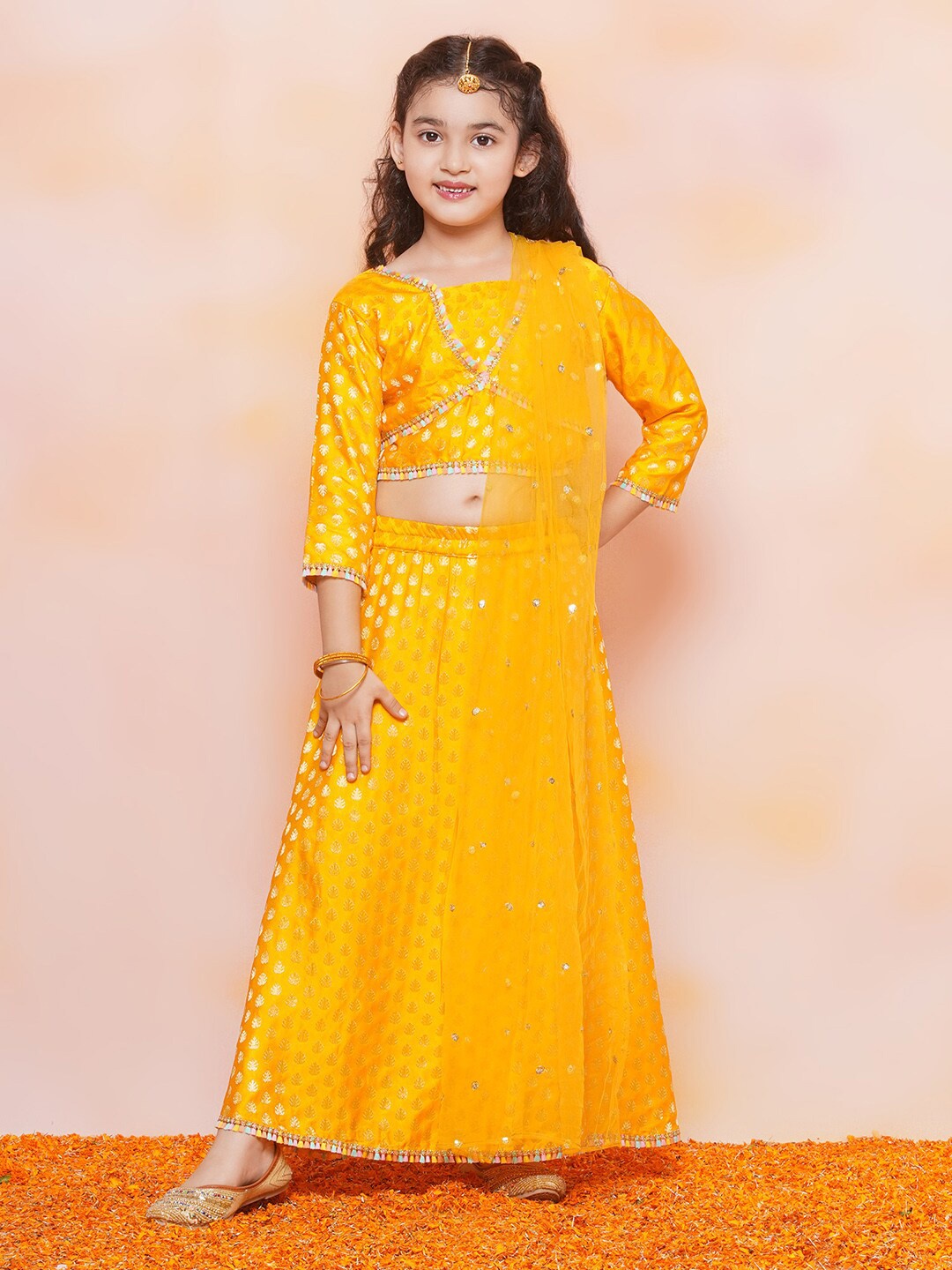

Aj DEZInES Girls Printed Ready to Wear Satin Lehenga Choli With Dupatta, Mustard