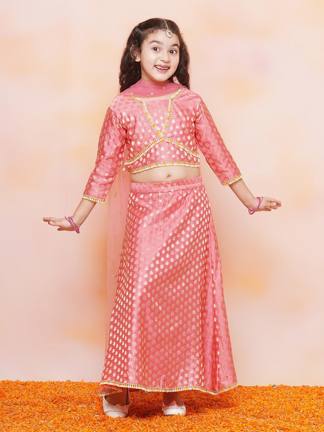 

Aj DEZInES Girls Woven Design Zari Satin Ready To Wear Lehenga & Blouse With Dupatta, Pink