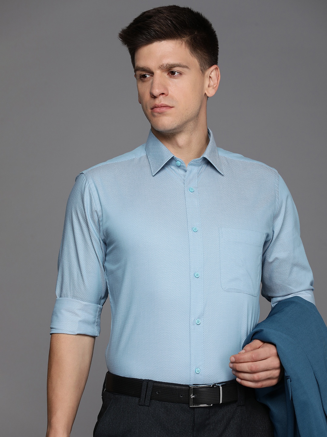 

Raymond Pure Cotton Textured Slim Fit Opaque Formal Shirt, Blue