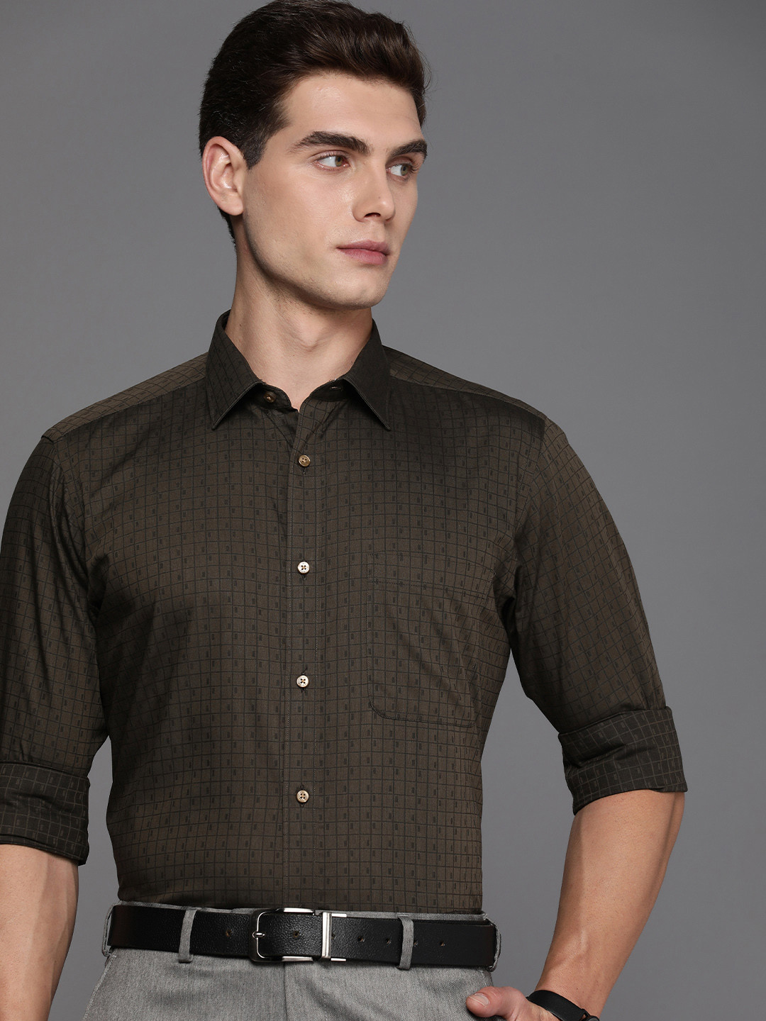 

Raymond Pure Cotton Slim Fit Checked Formal Shirt, Brown