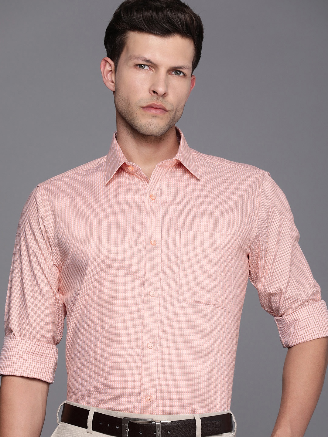 

Raymond Men Pure Cotton Slim Fit Micro Checks Formal Shirt, Peach