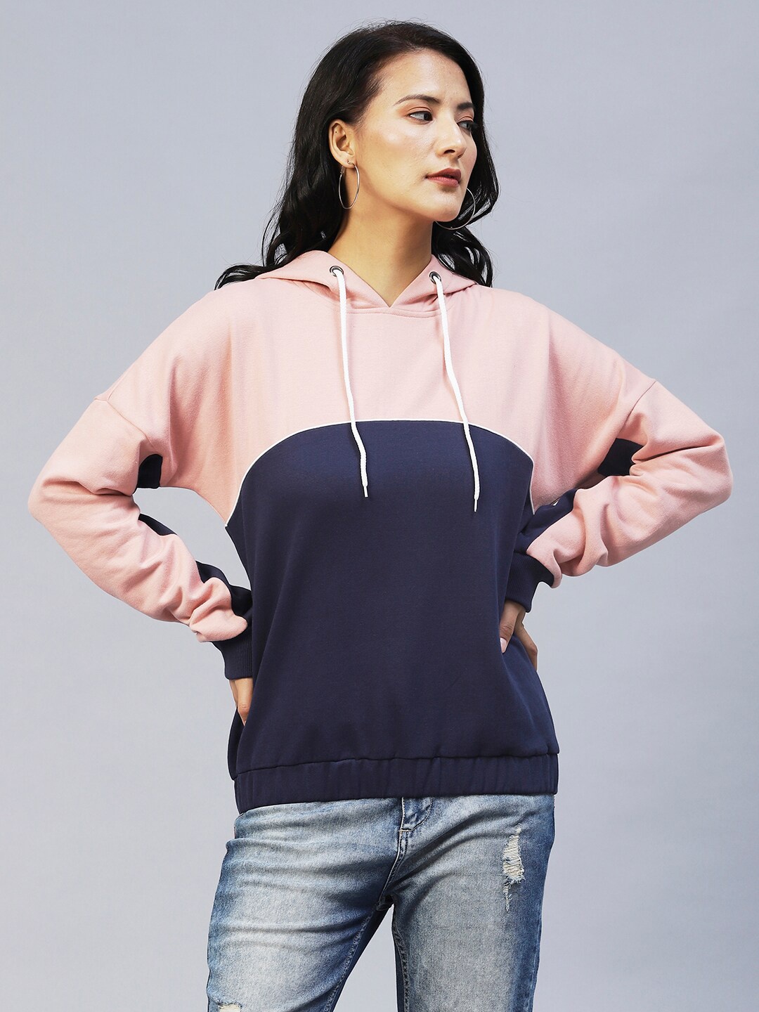 

Rigo Women Colourblocked Hooded Sweatshirt, Peach