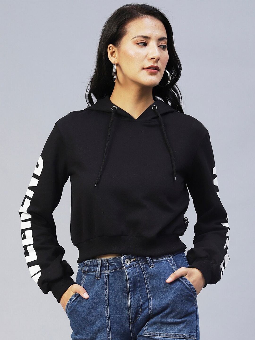 

Rigo Women Solid Hooded Crop Sweatshirt, Black