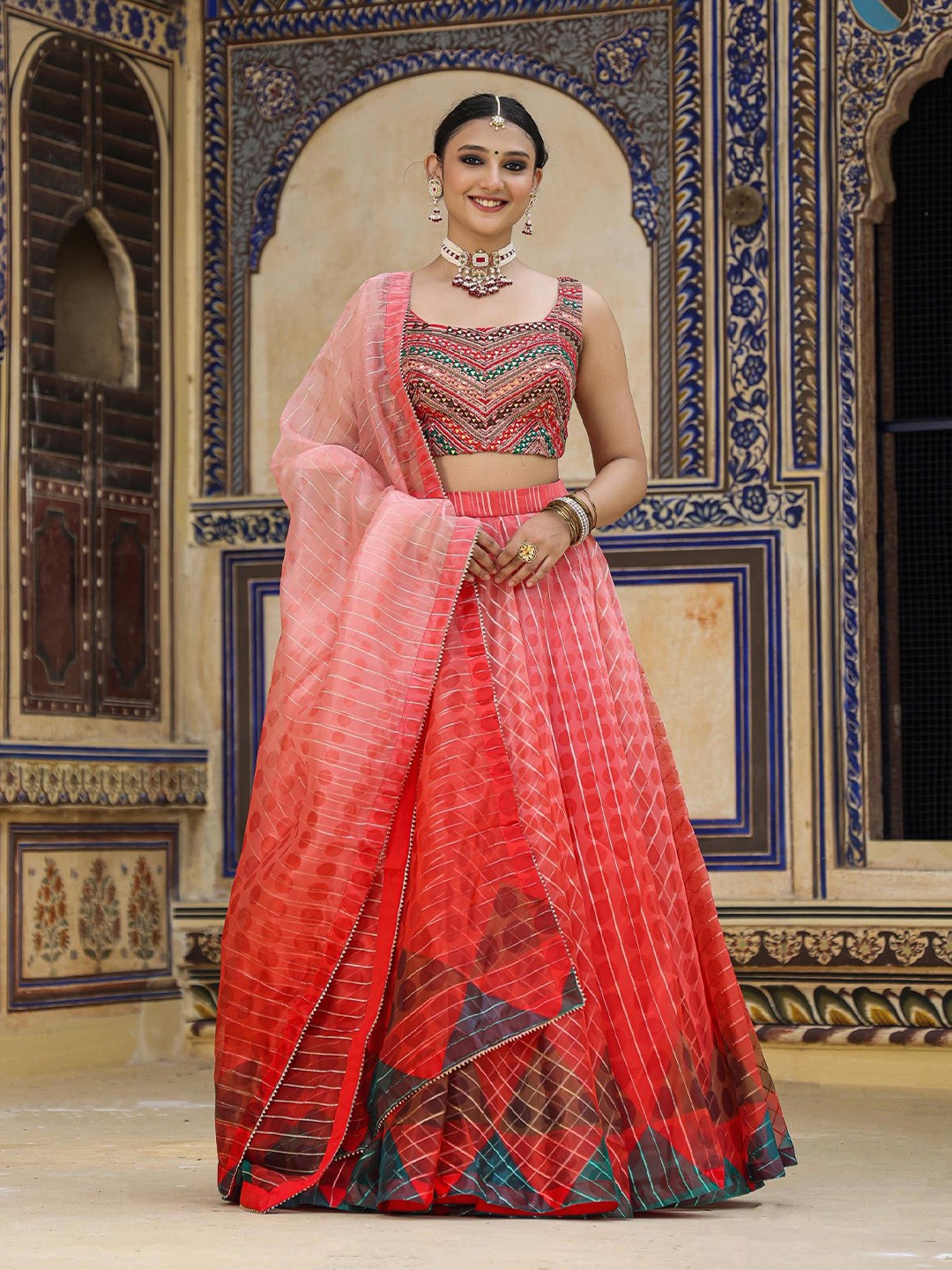 

SCAKHI Embellished Mirror Work Ready to Wear Lehenga & Blouse With Dupatta, Red