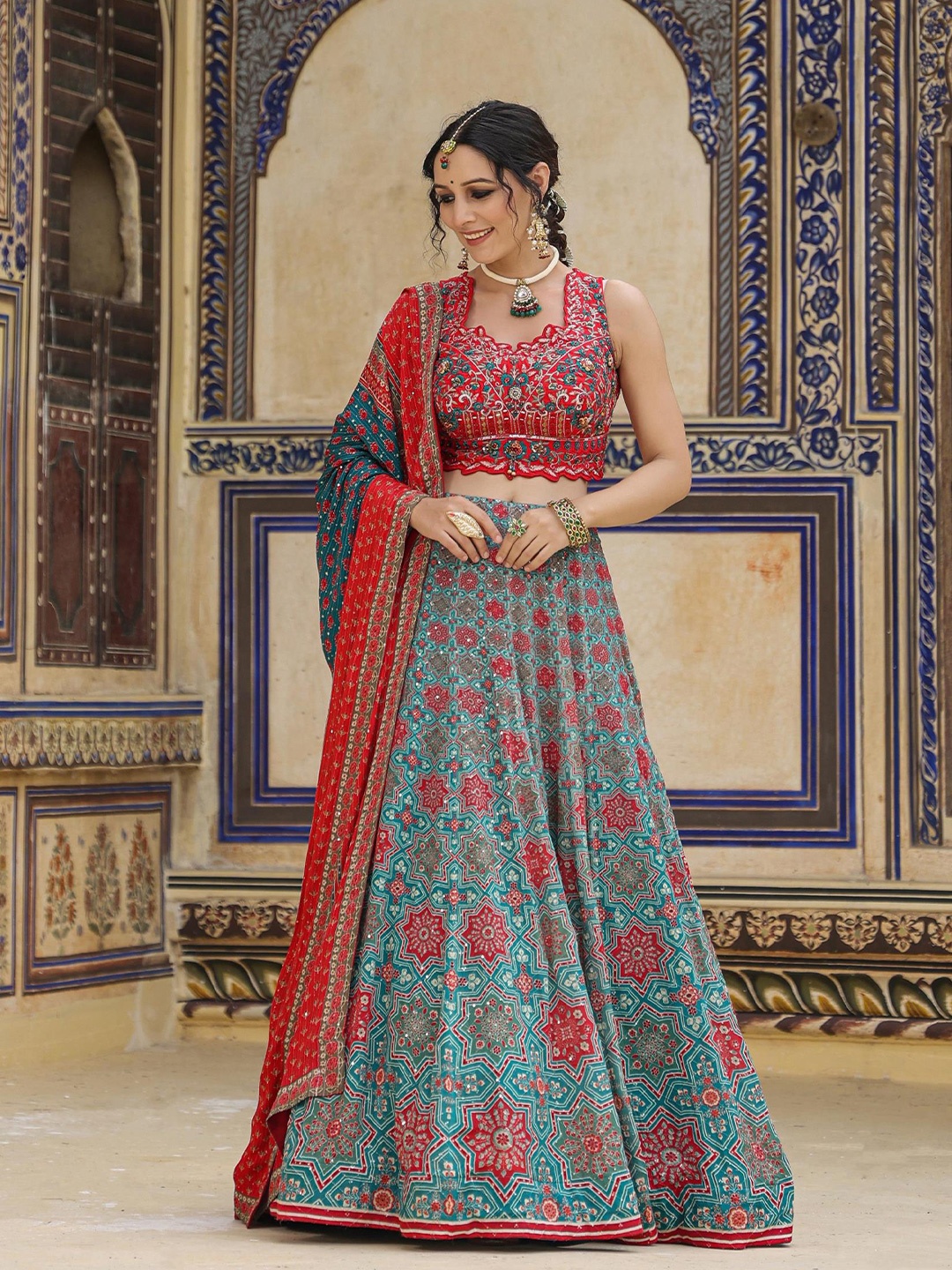 

SCAKHI Embroidered Thread Work Ready to Wear Lehenga & Blouse With Dupatta, Teal