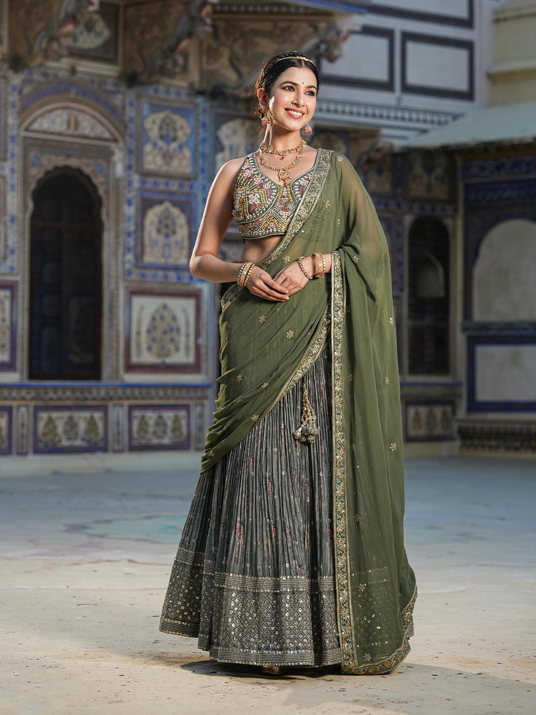 

SCAKHI Embroidered Sequinned Silk Ready To Wear Lehenga & Blouse With Dupatta, Green