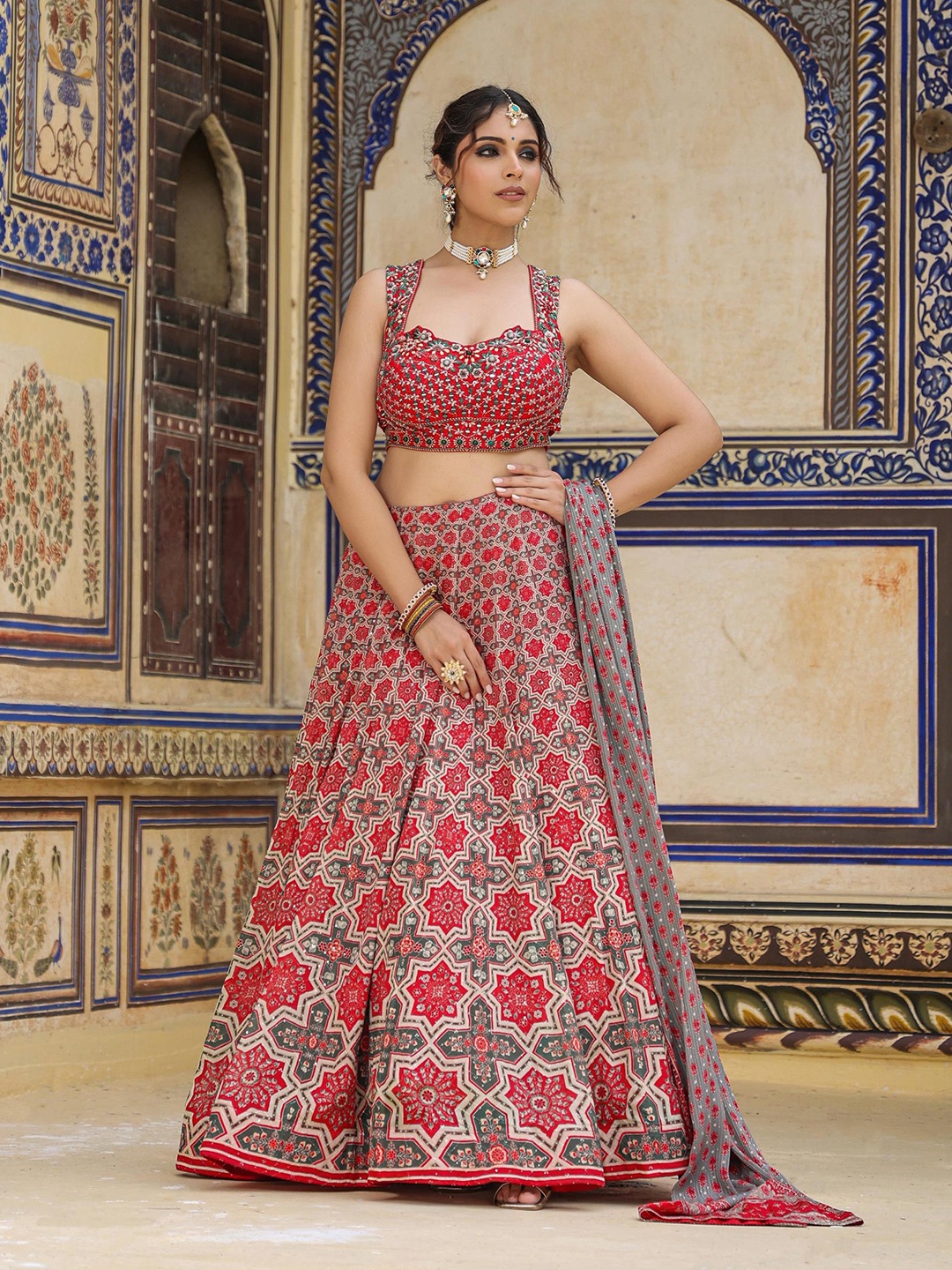 

SCAKHI Embellished Ready To Wear Lehenga & Blouse With Dupatta, Red