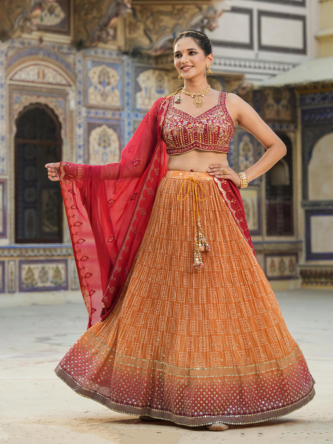 

SCAKHI Embroidered Sequinned Silk Ready To Wear Lehenga & Blouse With Dupatta, Mustard
