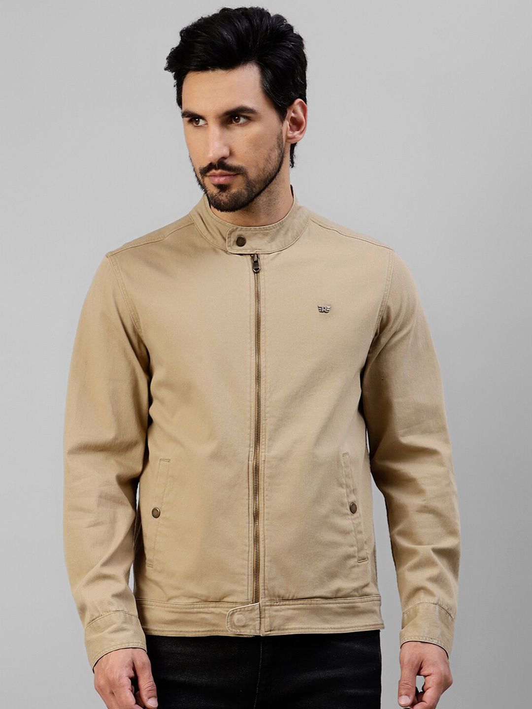 

Royal Enfield Stand Collar Cotton Tailored Jacket With Zip Detail, Khaki