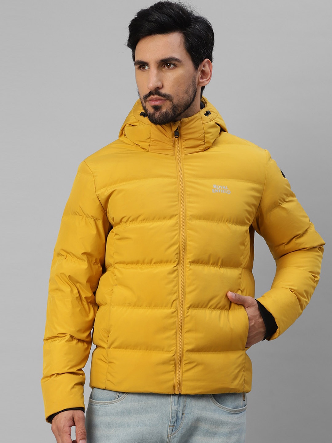 

Royal Enfield Hooded Quilted Jacket With Zip Detail, Mustard