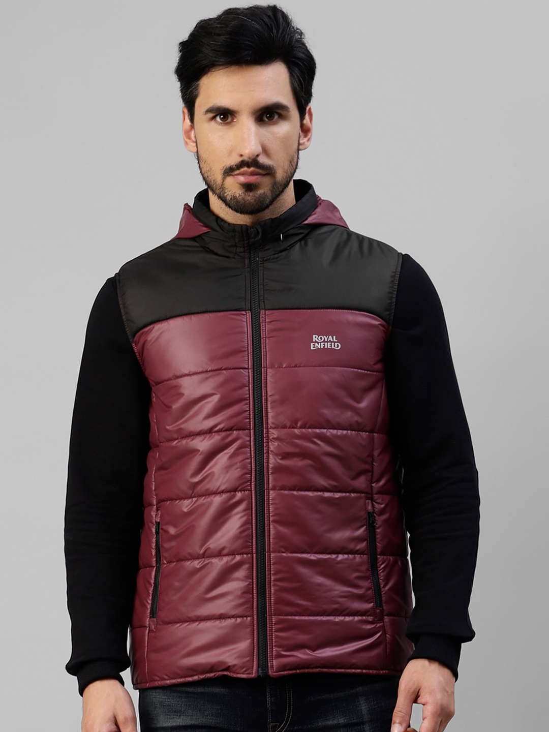 

Royal Enfield Colourblocked Mock Collar Puffer Jacket With Zip Detail, Maroon