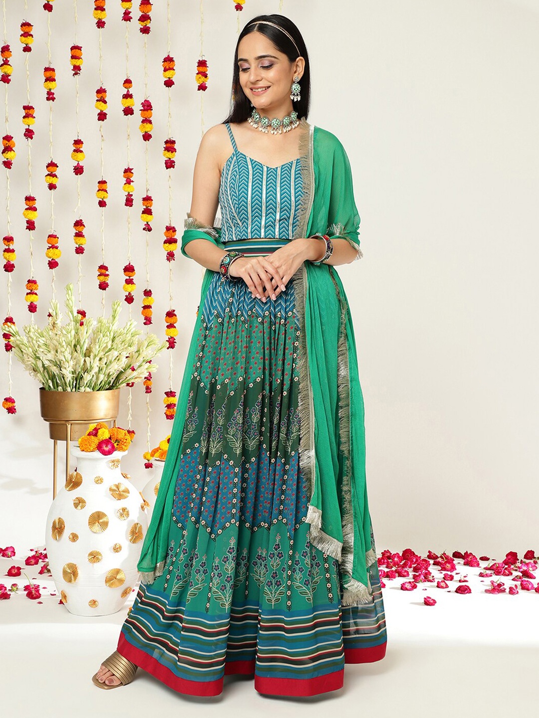 

Varanga Printed Ready To Wear Lehenga & Blouse With Dupatta, Teal