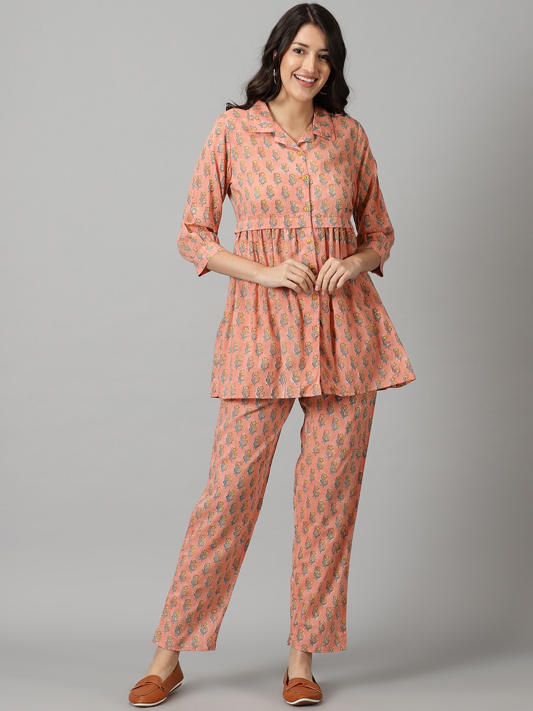 

RANGMAYEE Pure Cotton Printed Top With Trousers, Peach