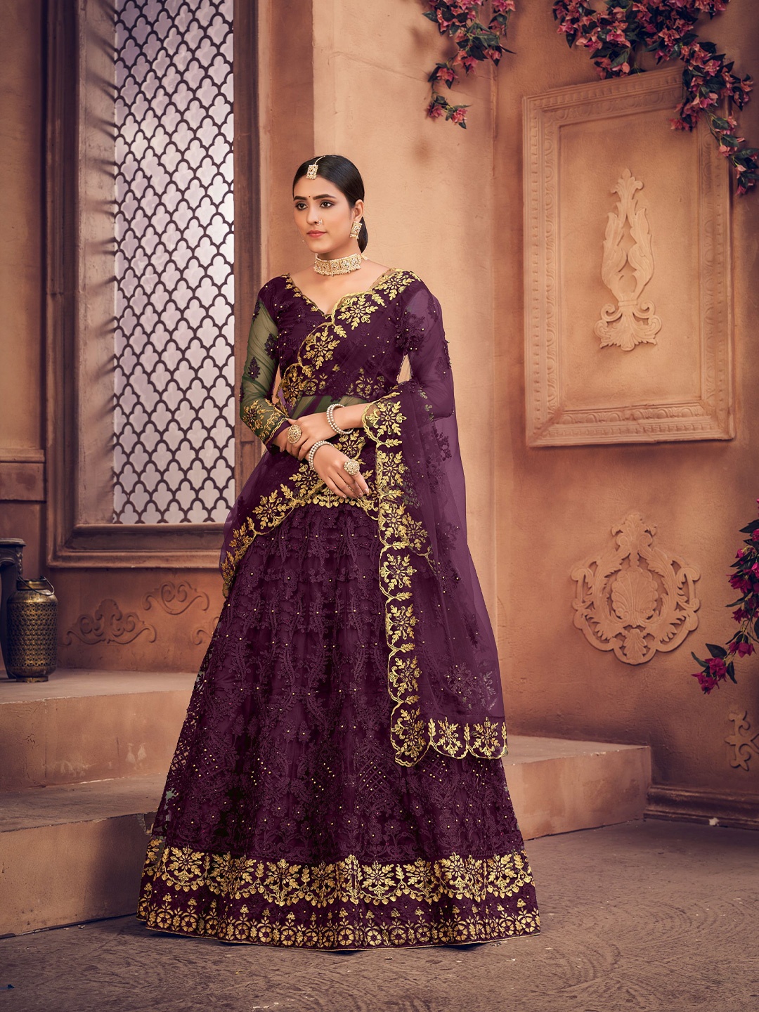 

KALINI Embroidered Thread Work Semi-Stitched Lehenga & Unstitched Blouse With Dupatta, Purple