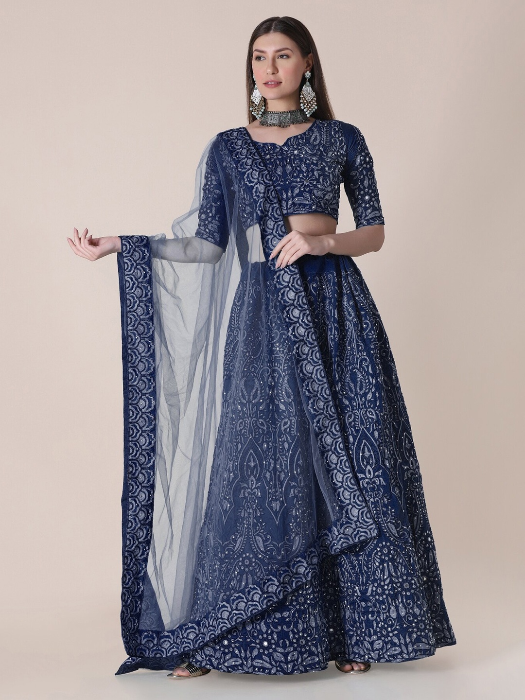 

KALINI Embroidered Thread Work Semi-Stitched Lehenga & Unstitched Blouse With Dupatta, Blue