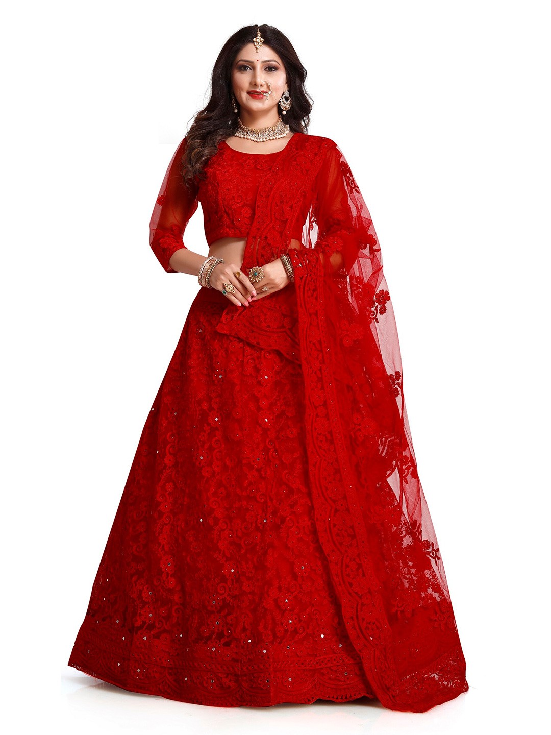 

KALINI Embroidered Sequinned Semi-Stitched Lehenga & Unstitched Blouse With Dupatta, Red