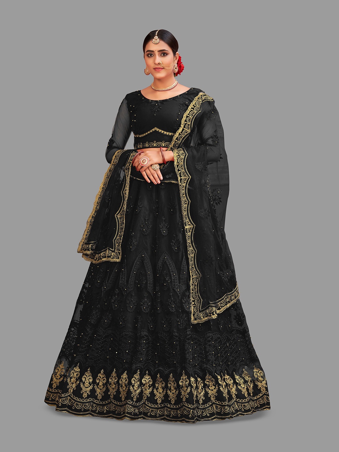 

KALINI Embroidered Sequinned Semi-Stitched Lehenga & Unstitched Blouse With Dupatta, Black