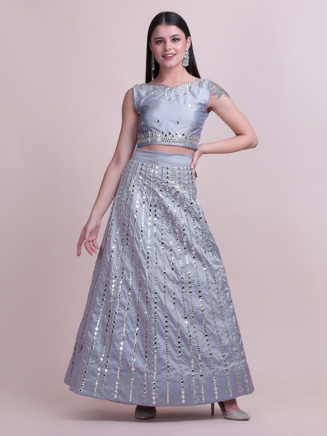 

KALINI Embroidered Thread Work Semi-Stitched Lehenga & Unstitched Blouse With Dupatta, Grey