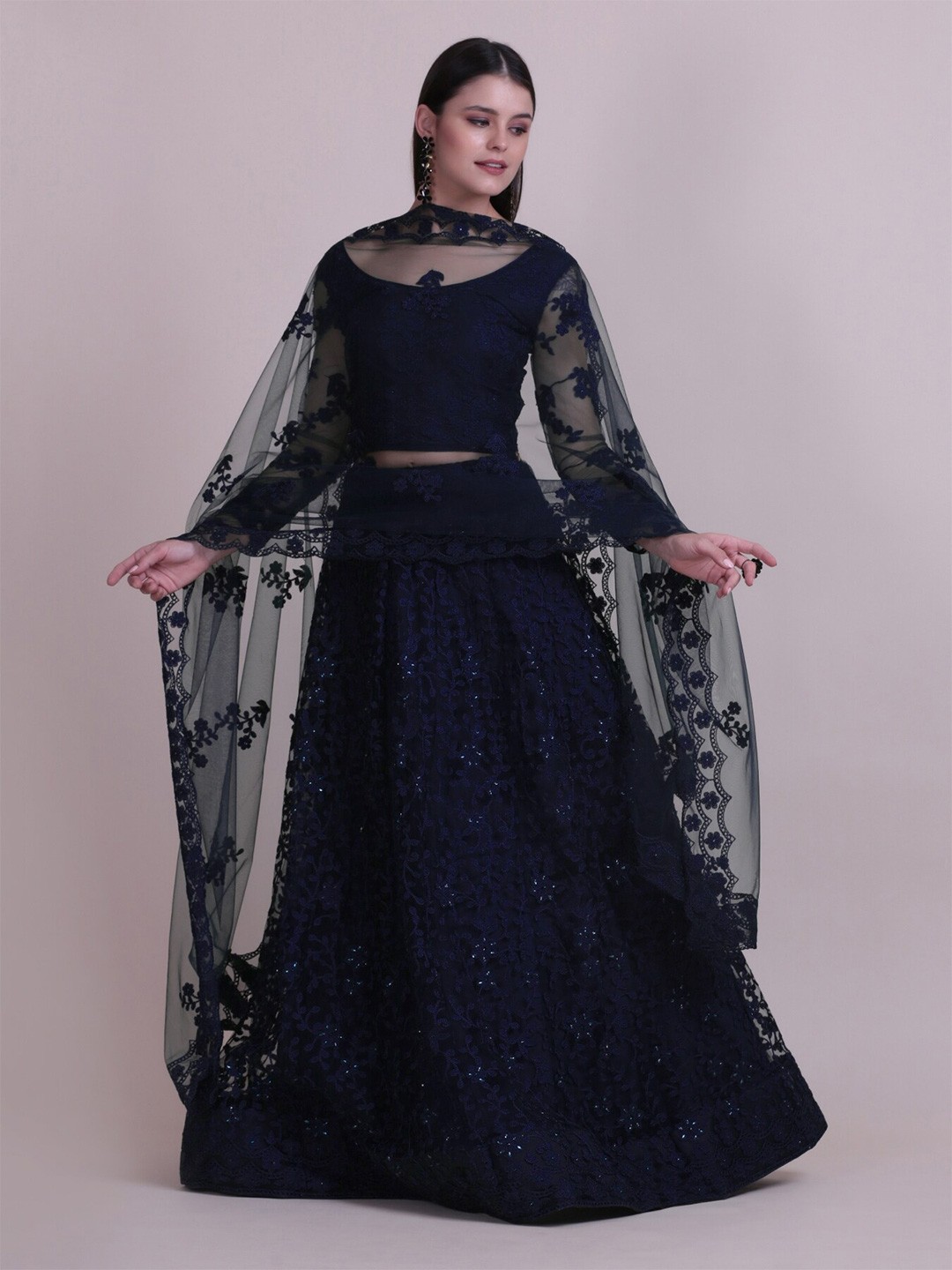 

KALINI Embroidered Thread Work Semi-Stitched Lehenga & Unstitched Blouse With Dupatta, Blue