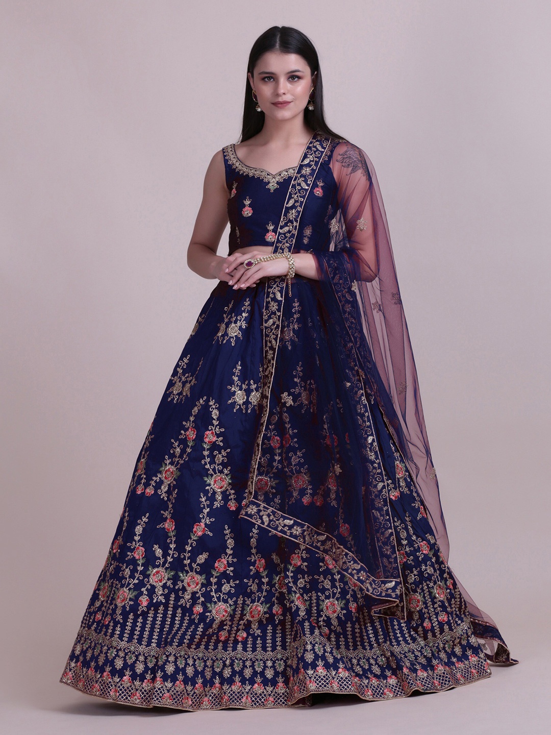 

KALINI Embroidered Thread Work Semi-Stitched Lehenga & Unstitched Blouse With Dupatta, Blue