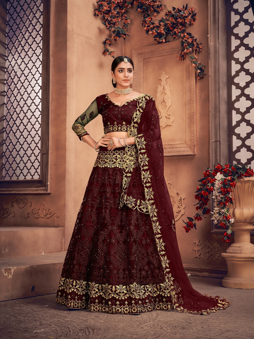 

KALINI Embroidered Thread Work Semi-Stitched Lehenga & Unstitched Blouse With Dupatta, Maroon