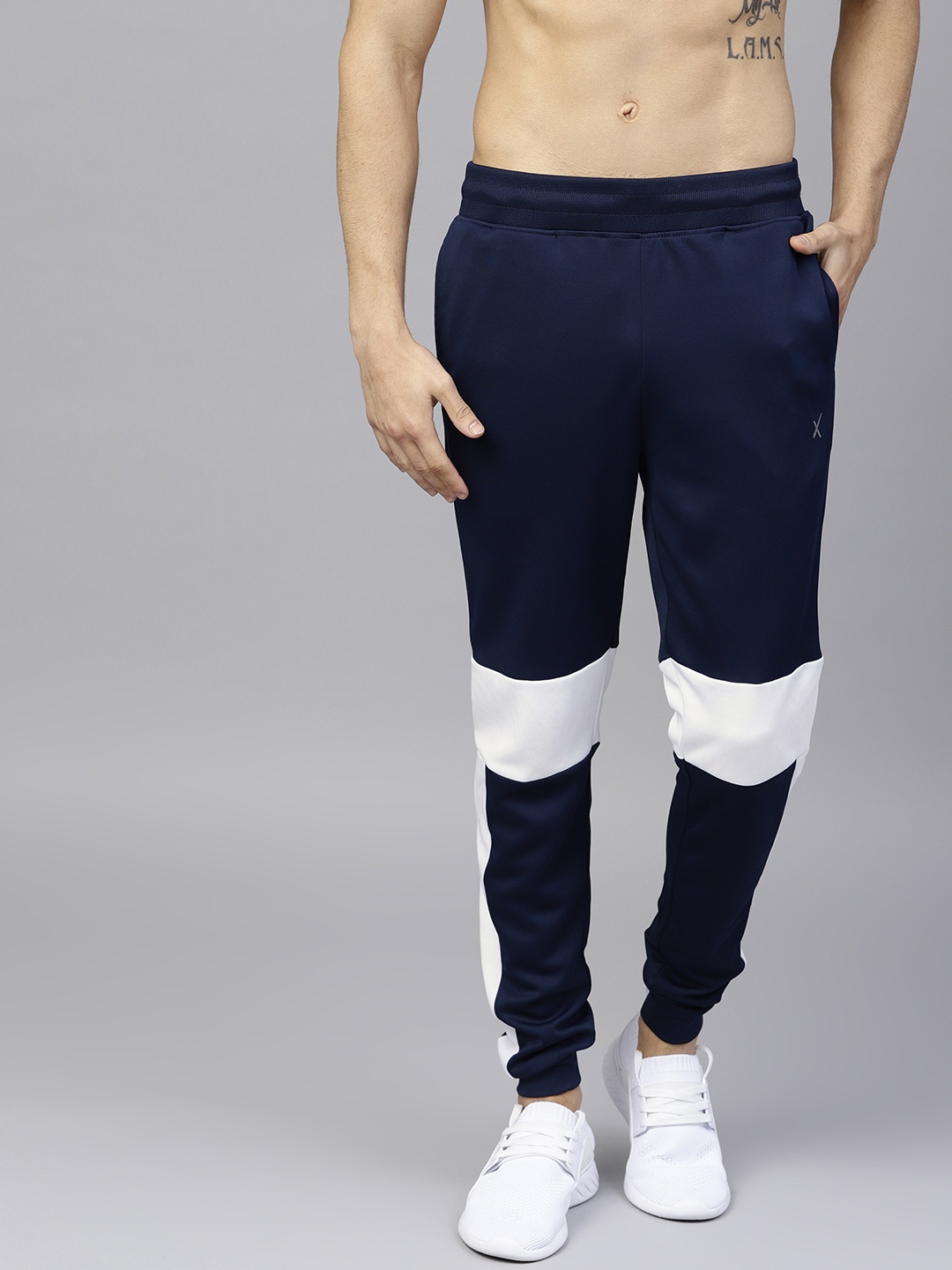 

HRX by Hrithik Roshan Men Navy Blue & White Colourblocked Joggers