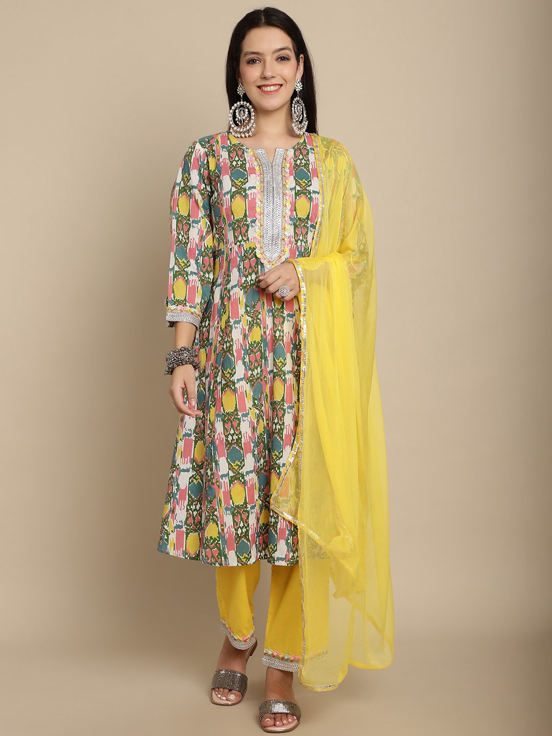 

KALINI Ethnic Motifs Printed Pure Cotton A-Line Gotta Patti Kurta With Palazzos & Dupatta, Yellow