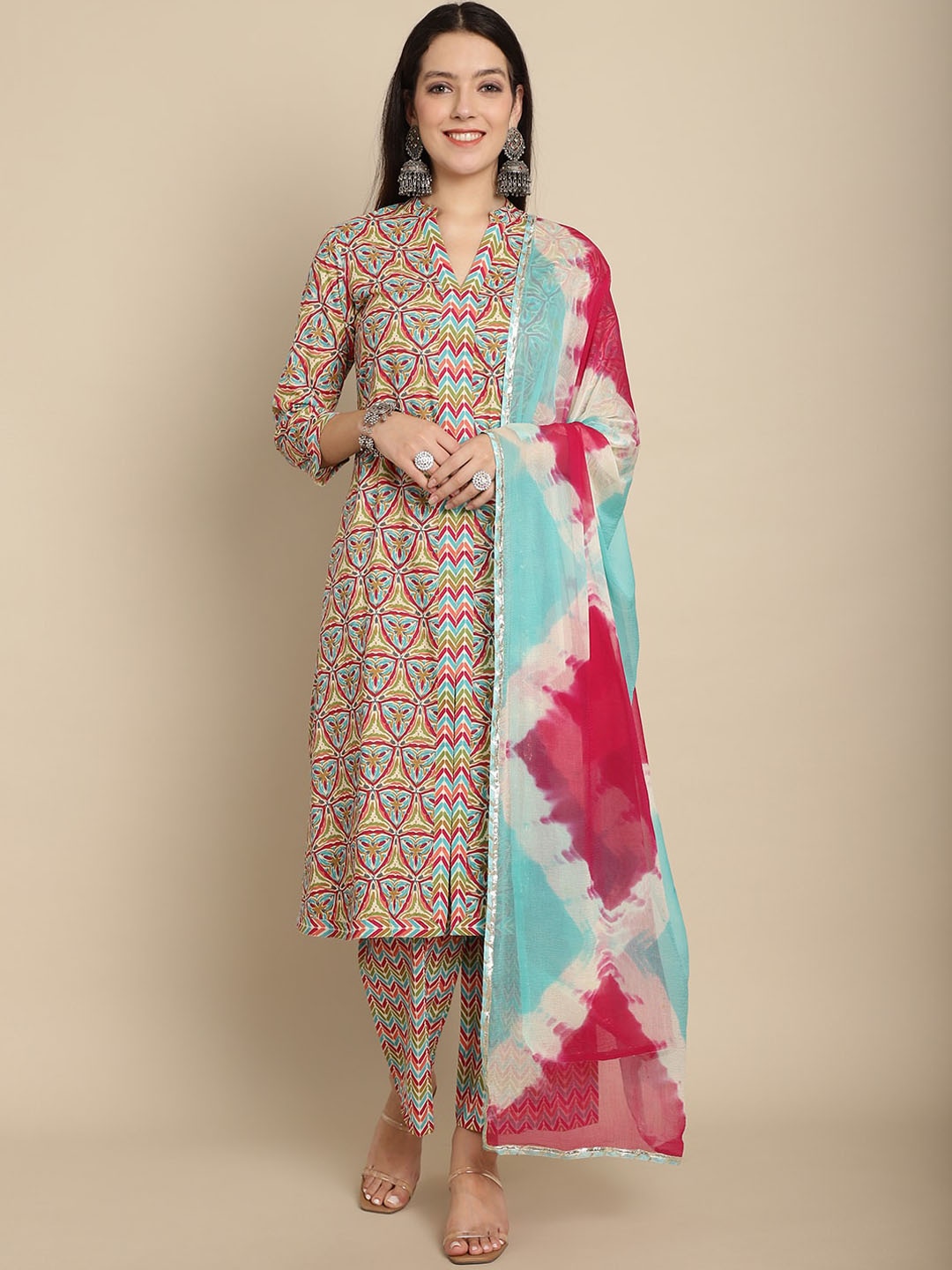 

KALINI Ethnic Motifs Printed Pure Cotton Kurta with Palazzos & With Dupatta, Green