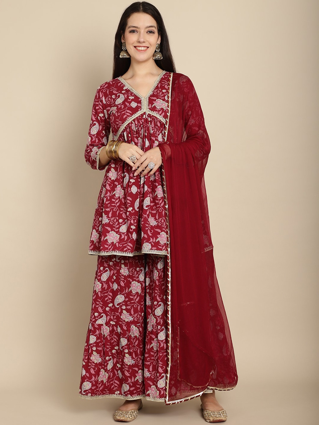 

KALINI Floral Printed Empire Sequinned Pure Cotton Kurta with Sharara & Dupatta, Burgundy