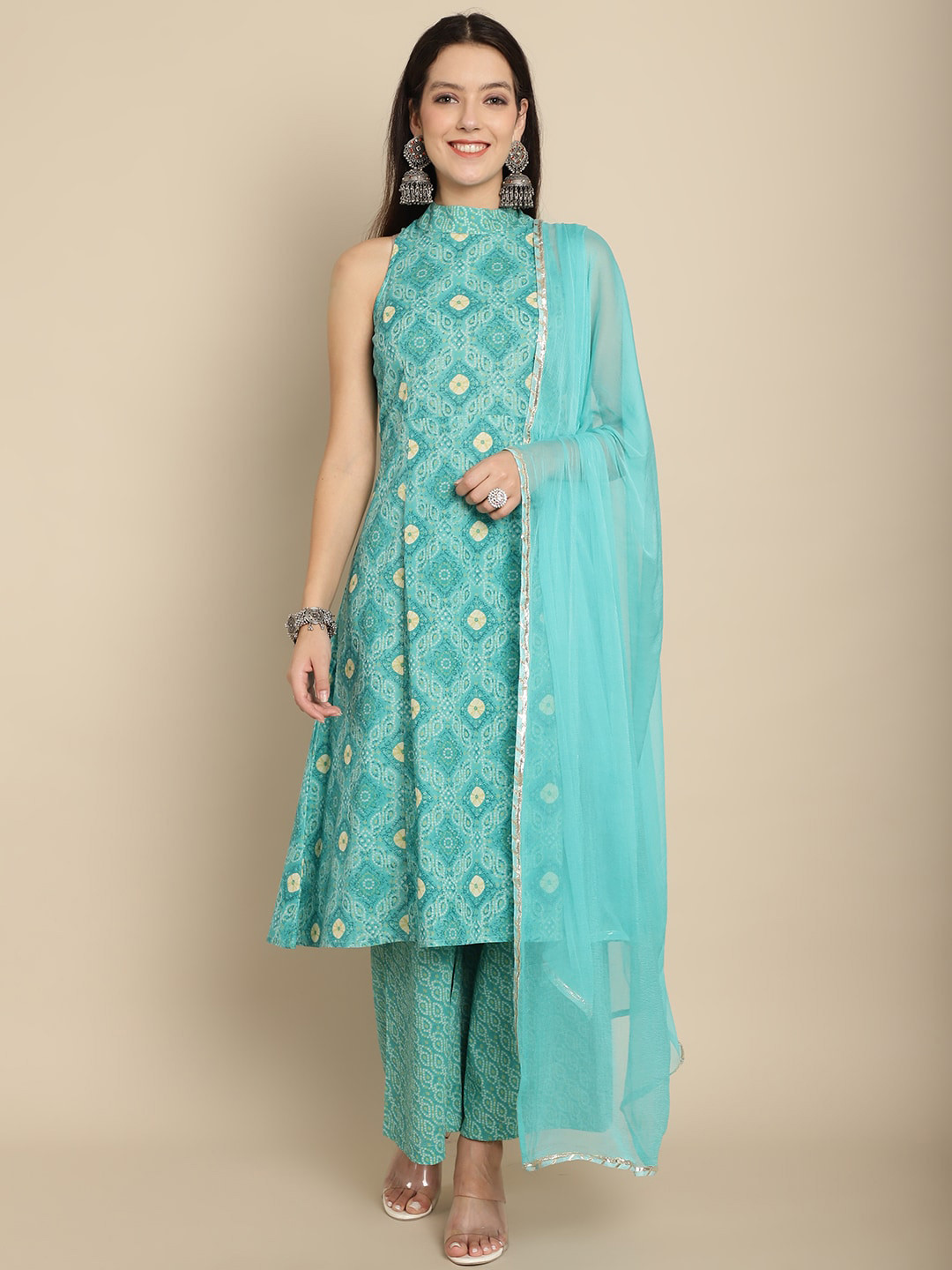 

KALINI Bandhani Printed Halter Neck Pure Cotton Kurta with Palazzos & Dupatta, Sea green