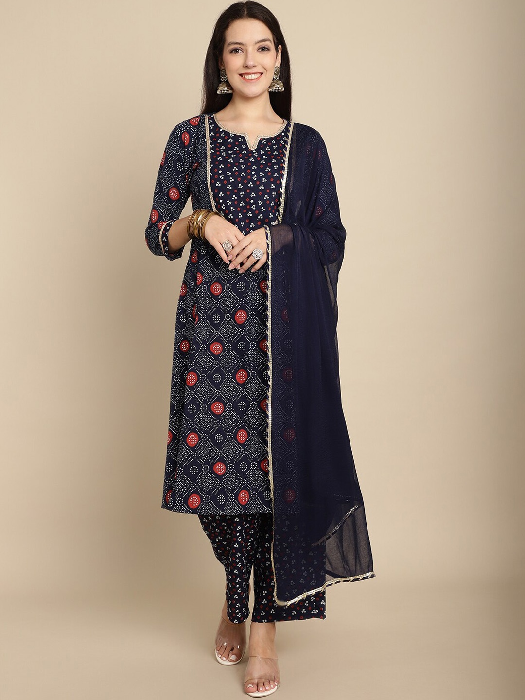 

KALINI Bandhani Printed Pure Cotton A-Line Gotta Patti Kurta With Palazzos & Dupatta, Navy blue