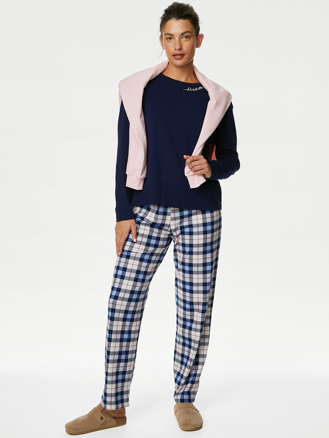 

Marks & Spencer Checked Pure Cotton Night suit, Navy blue